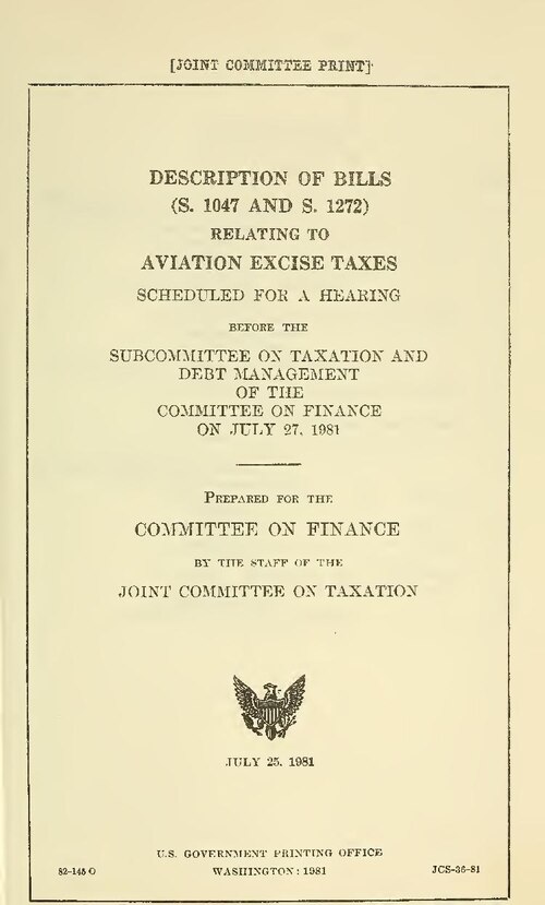 At head of title: Joint committee print
"July 25, 1981."
"JCS-36-81."
Copy 2 in S. Prt. Vol. 665-14
Subjects: Aeronautics; Airports; S. 1047 97th Congress; S. 1272 97th Co