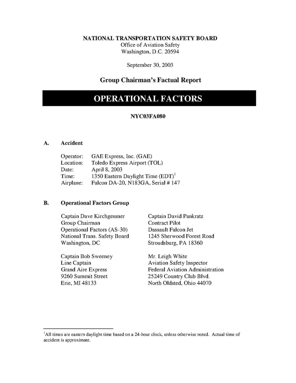 NTSB operations report for N183GA with relevant information regarding the crash of N179GA.