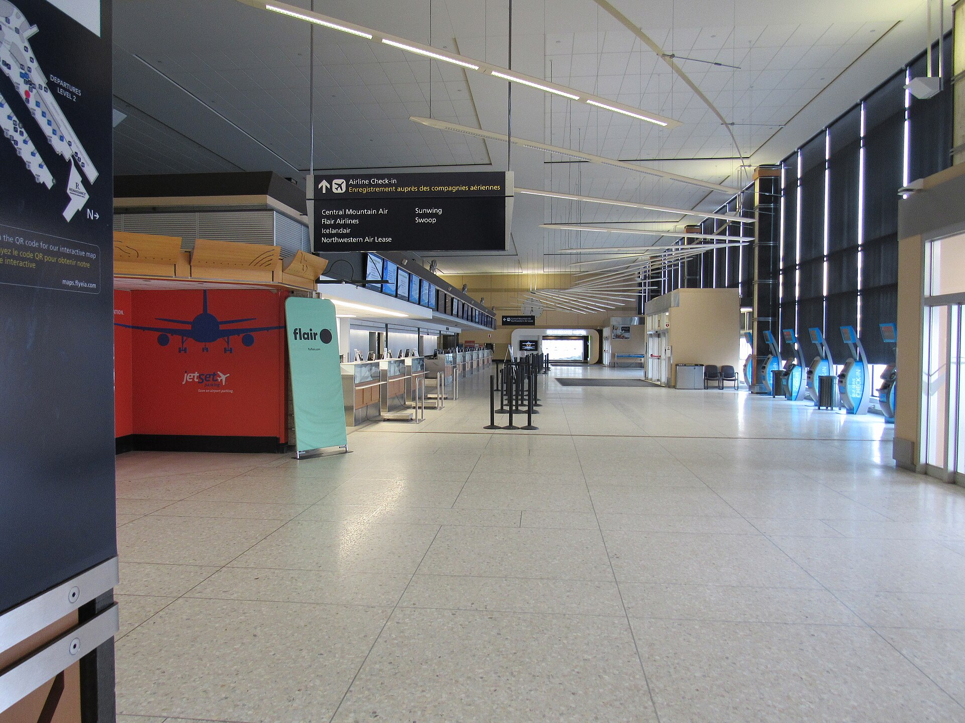 Edmonton International Airport departures area ,empty of passengers because travel and entry restrictions during covid-19